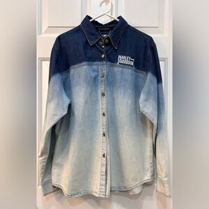 Harley Davidson Denim Button Down Shirt Men's Sz XL Dyed Blue Ombre Long Sleeve